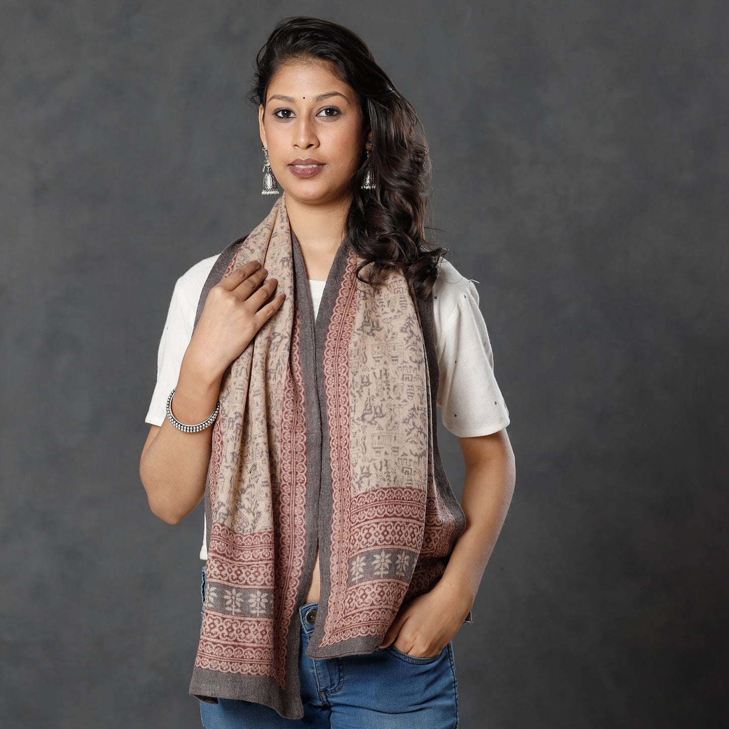 Bagh Block Printed Natural Dyed Woolen Muffler (61 in)