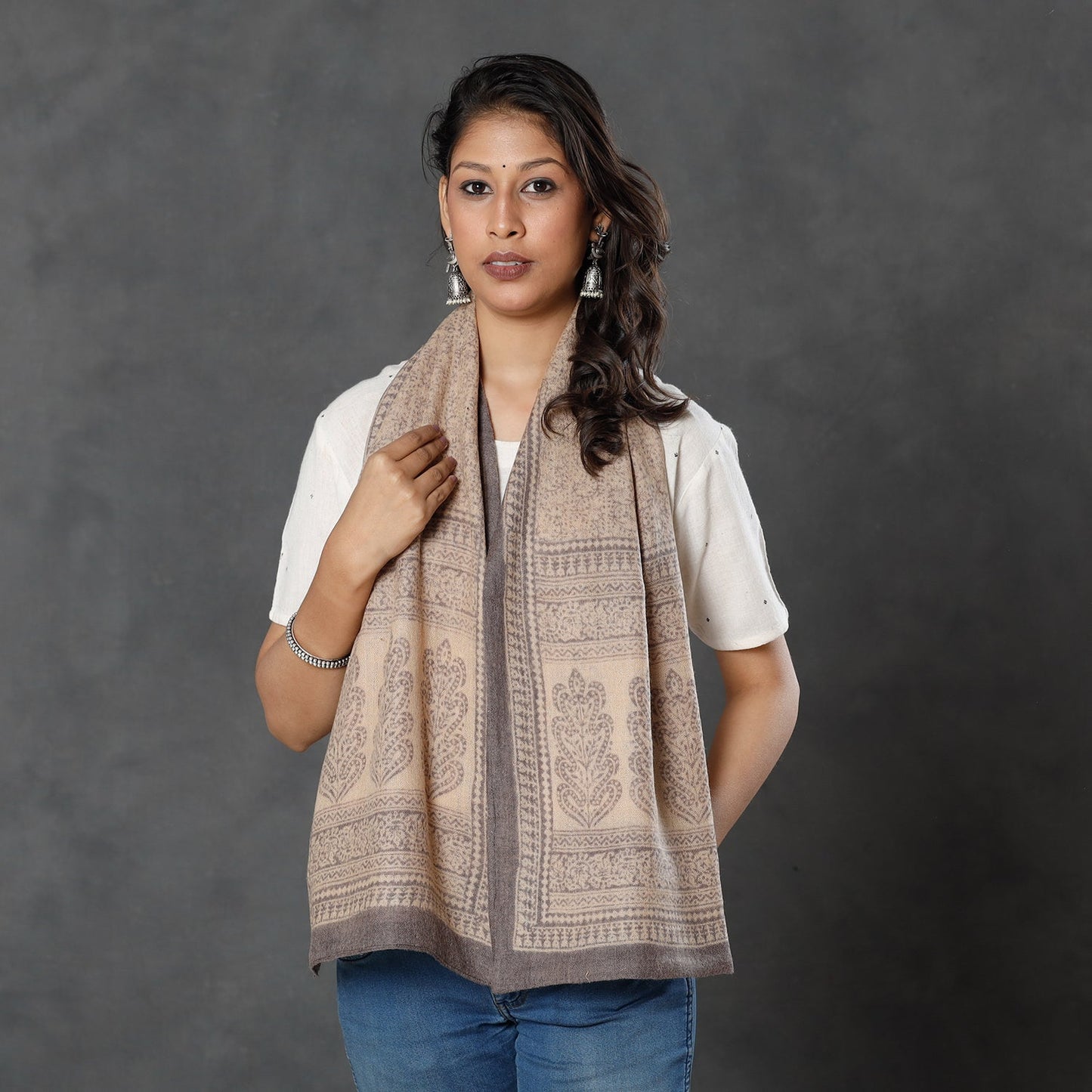 Bagh Block Printed Natural Dyed Woolen Muffler (61 in)