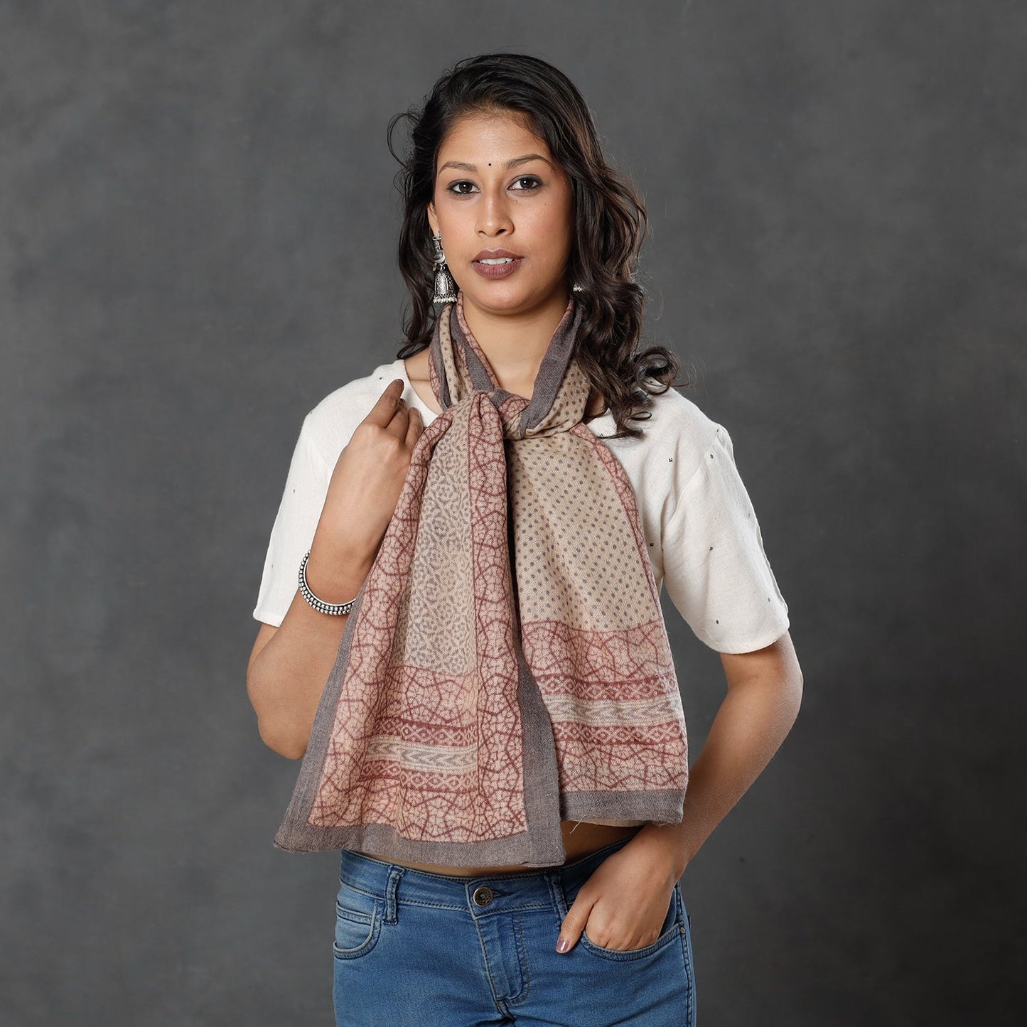 Bagh Block Printed Natural Dyed Woolen Muffler (61 in)