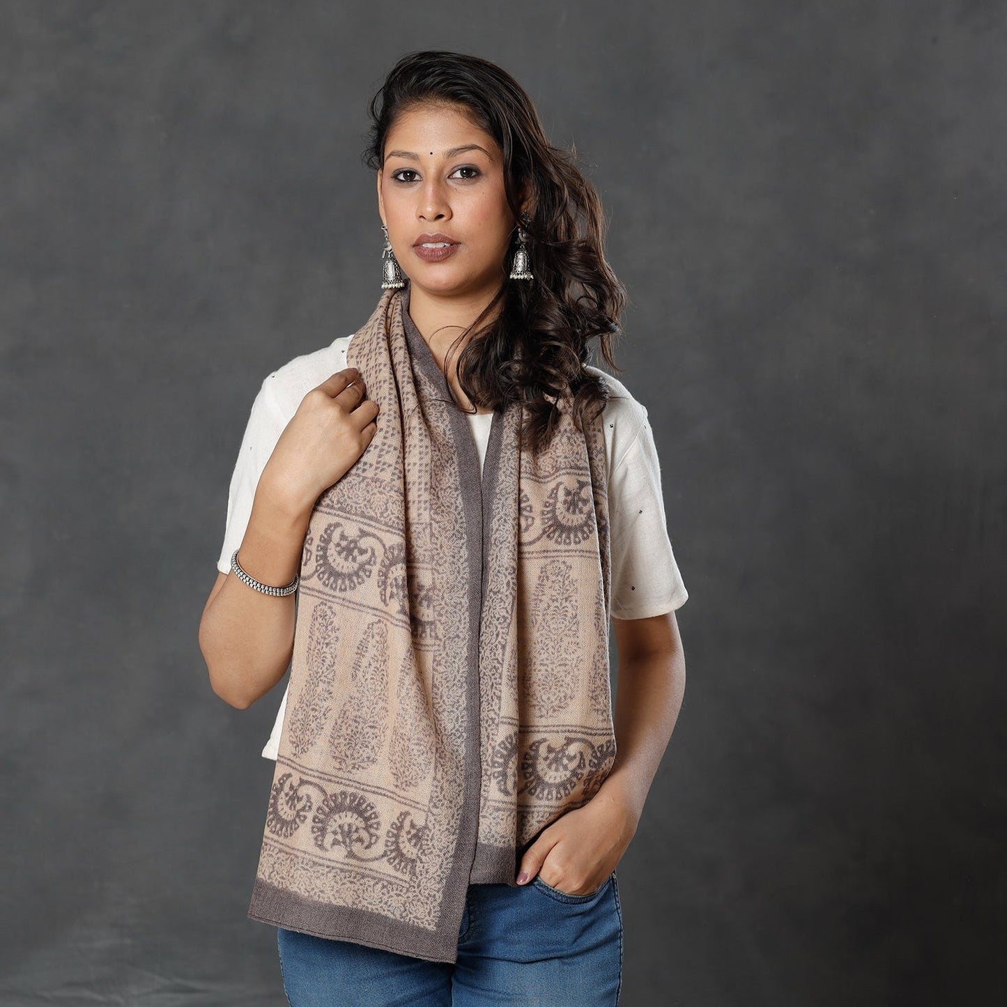 Bagh Block Printed Natural Dyed Woolen Muffler (61 in)