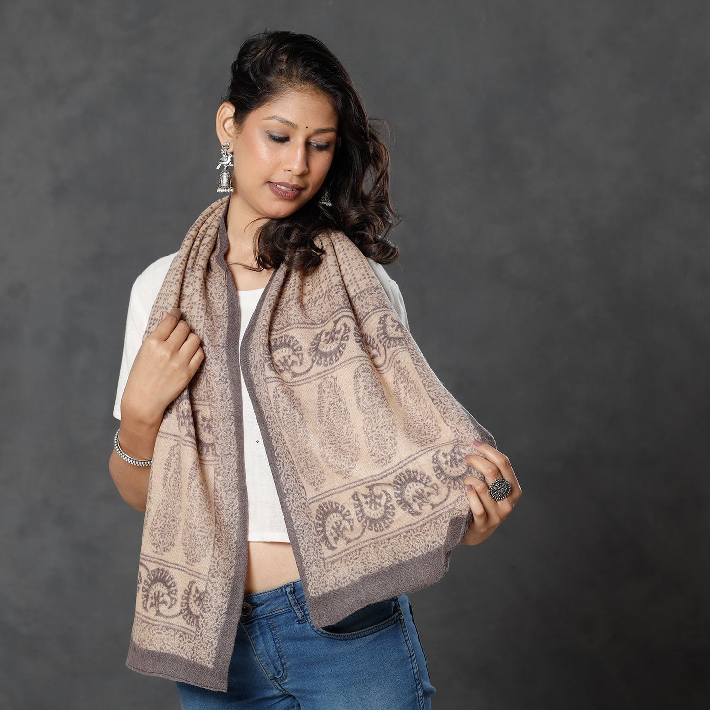 Bagh Block Printed Natural Dyed Woolen Muffler (61 in)