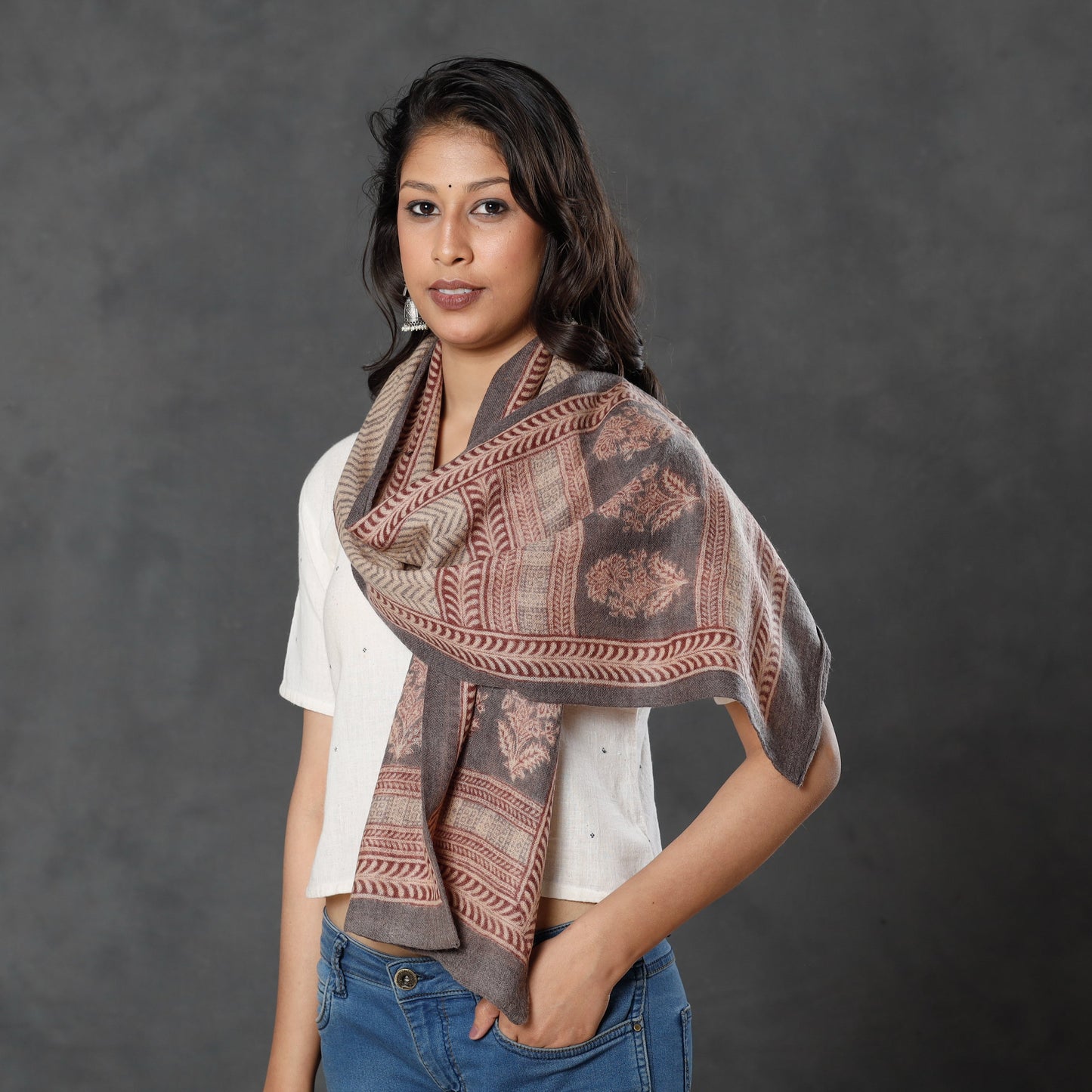 Bagh Block Printed Natural Dyed Woolen Muffler (61 in)