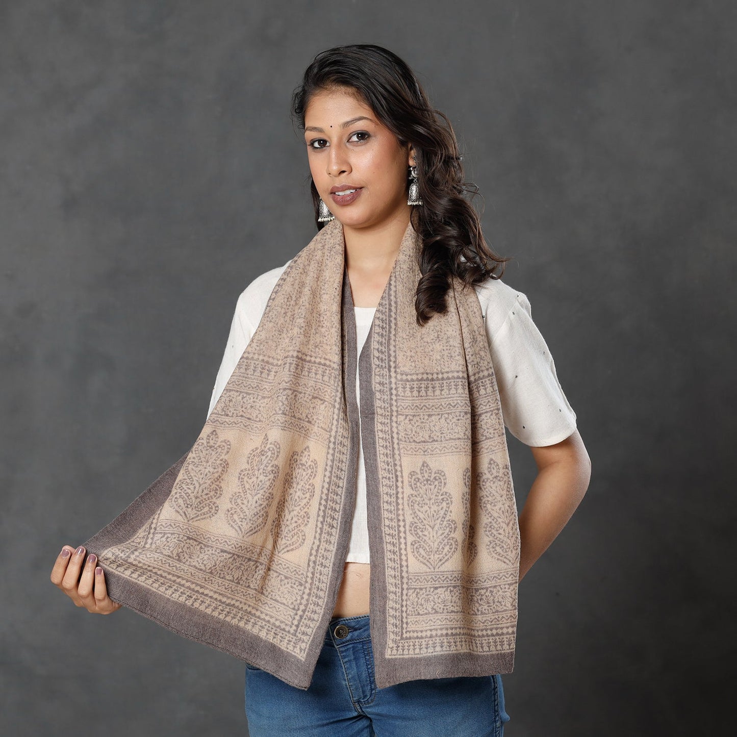 Bagh Block Printed Natural Dyed Woolen Muffler (61 in)