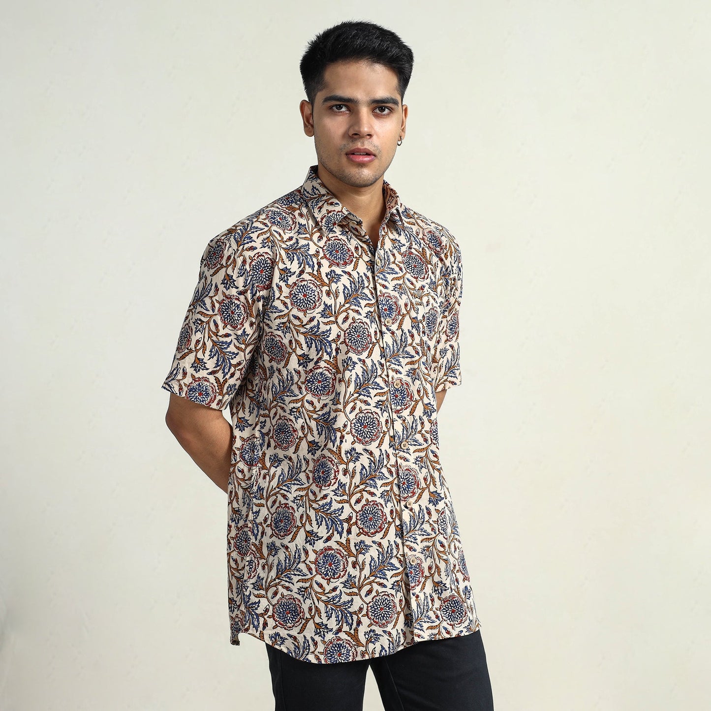 Bagru Block Printed Cotton Men Half Sleeve Shirt 12