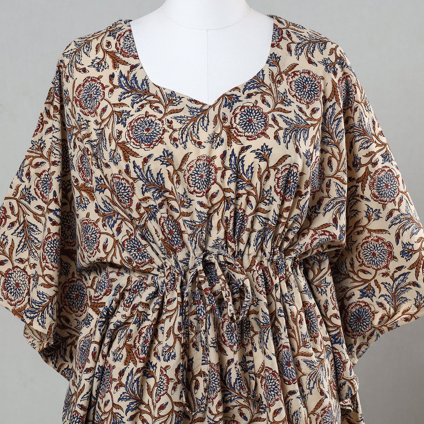 Beige Bagru Block Print Cotton Kaftan with Tie-Up Waist