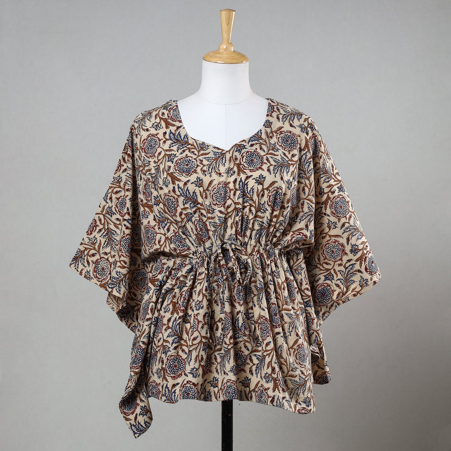 Beige Bagru Block Print Cotton Kaftan with Tie-Up Waist