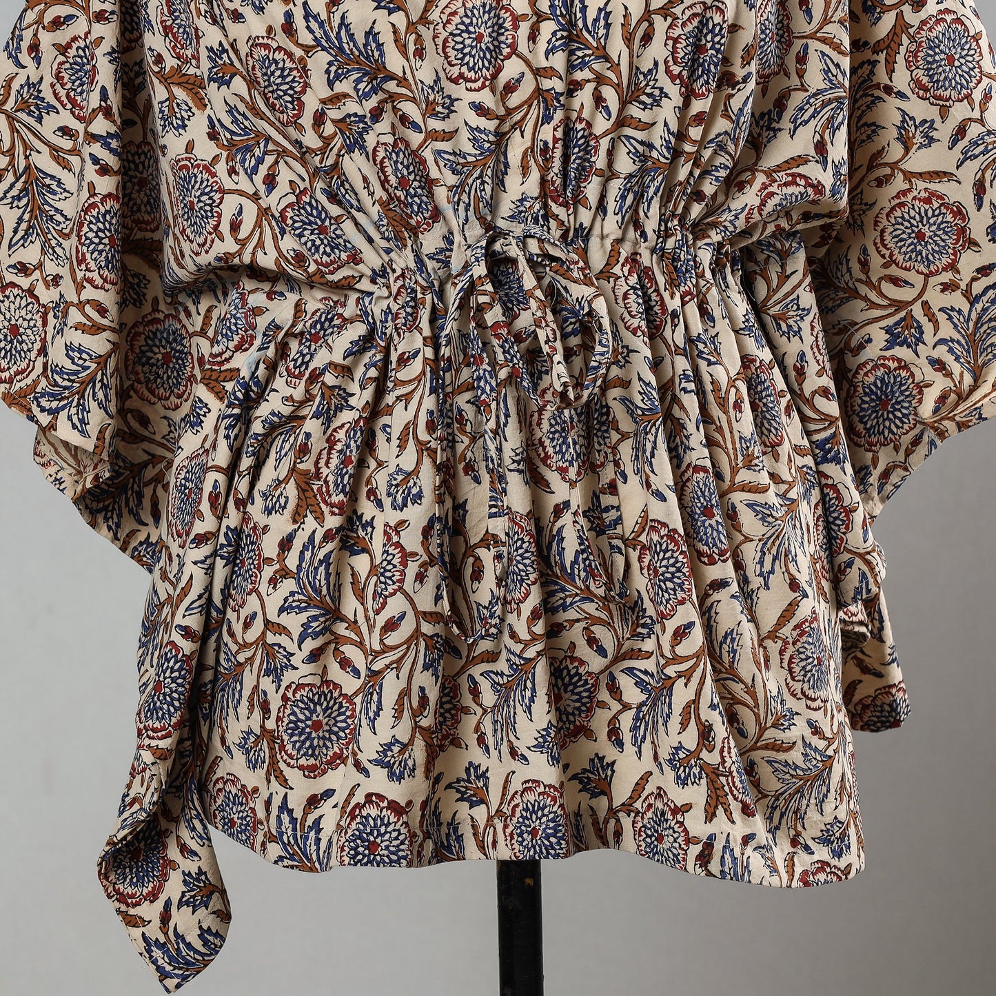 Beige Bagru Block Print Cotton Kaftan with Tie-Up Waist