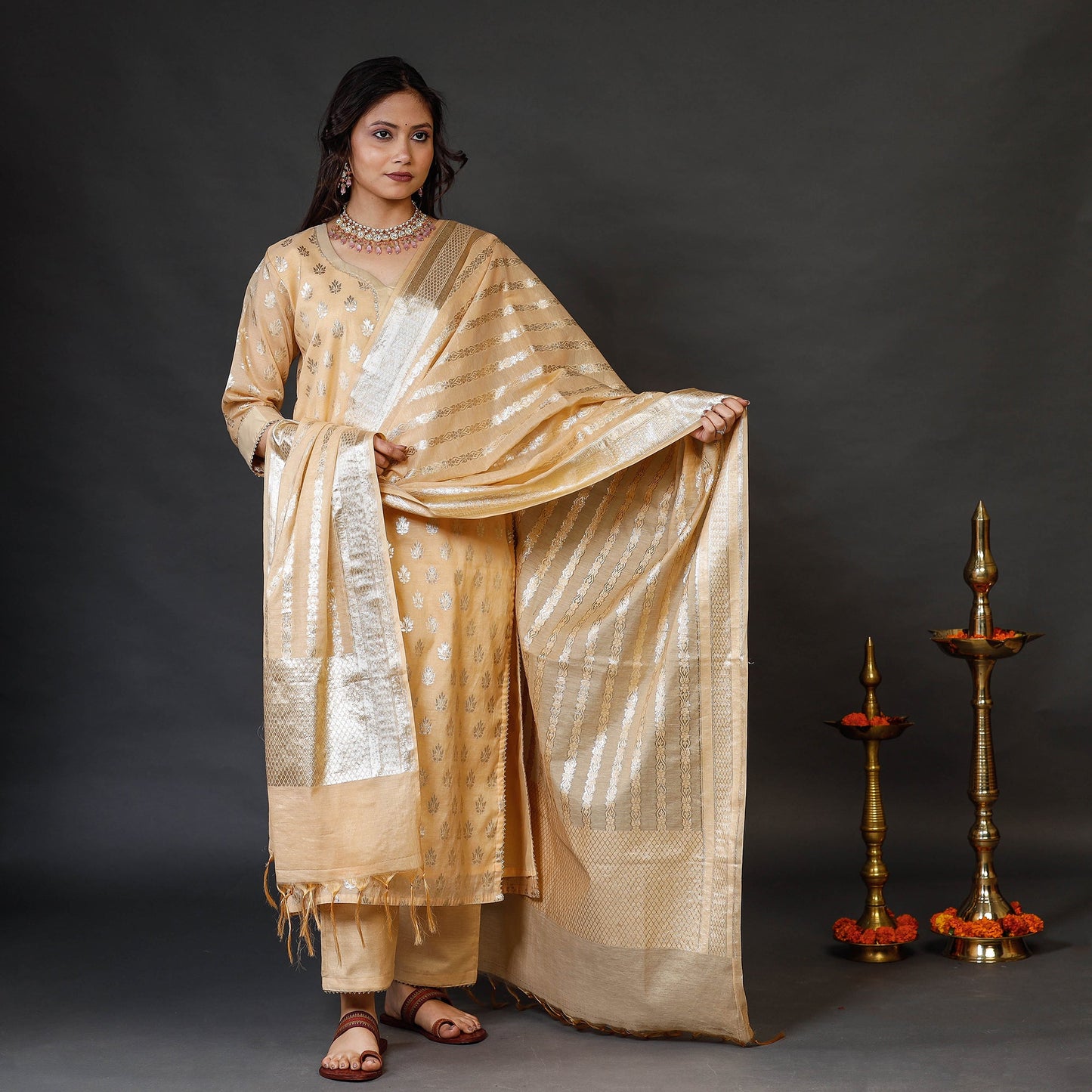 Buy Beige Banarasi Silk Cotton Kurta with Palazzo & Dupatta Set