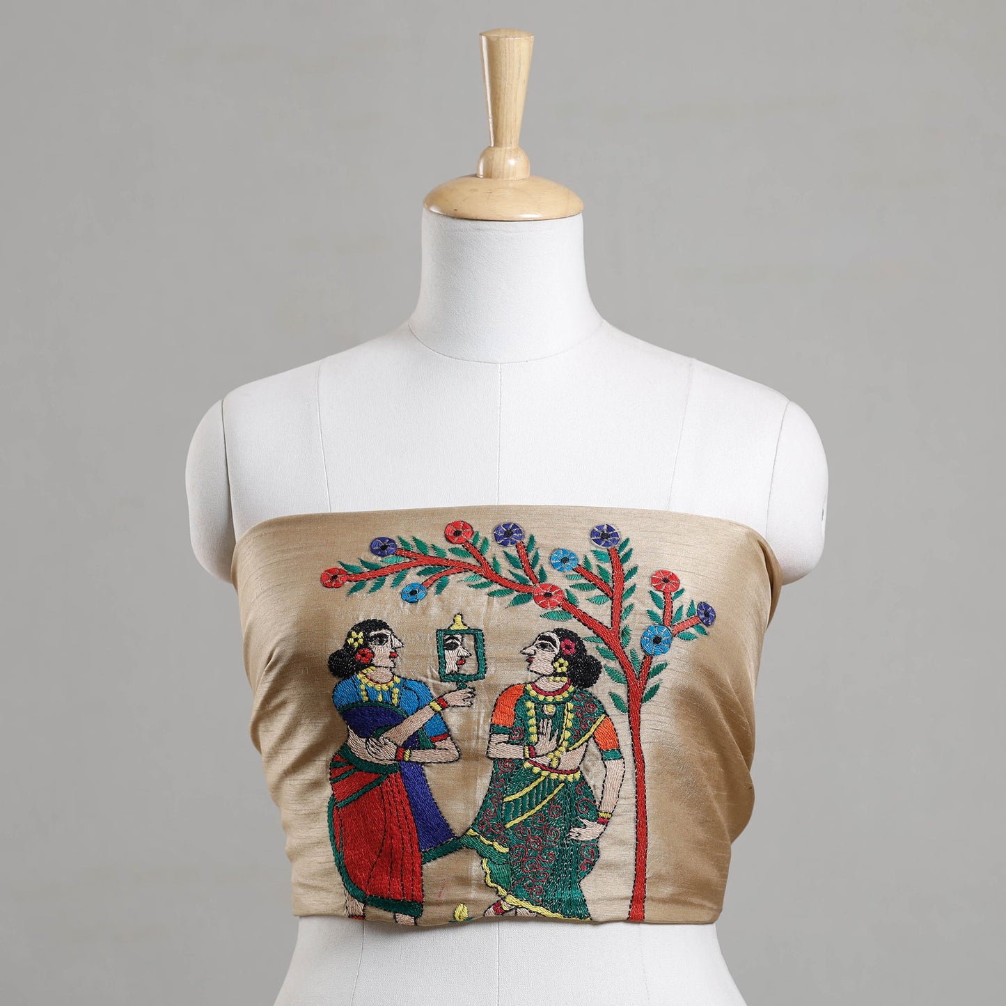 Beige Bengal Kantha Embroidery Raw Silk Blouse Piece