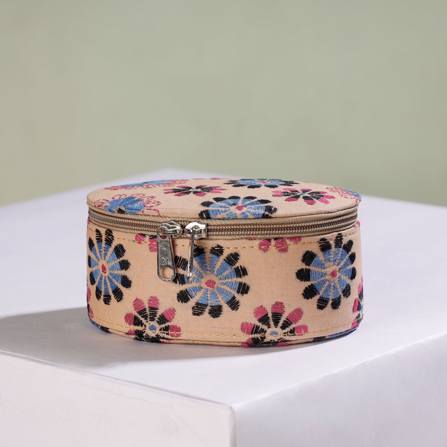 Beige Bengal Kantha Work Handcrafted Oval Jewelry Box with Mirror