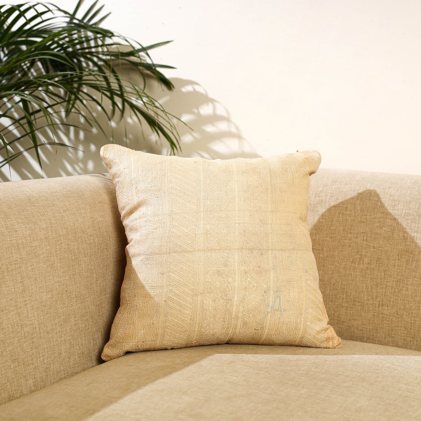 Buy Beige Bengal Kantha Work Reversible Silk Cushion Cover