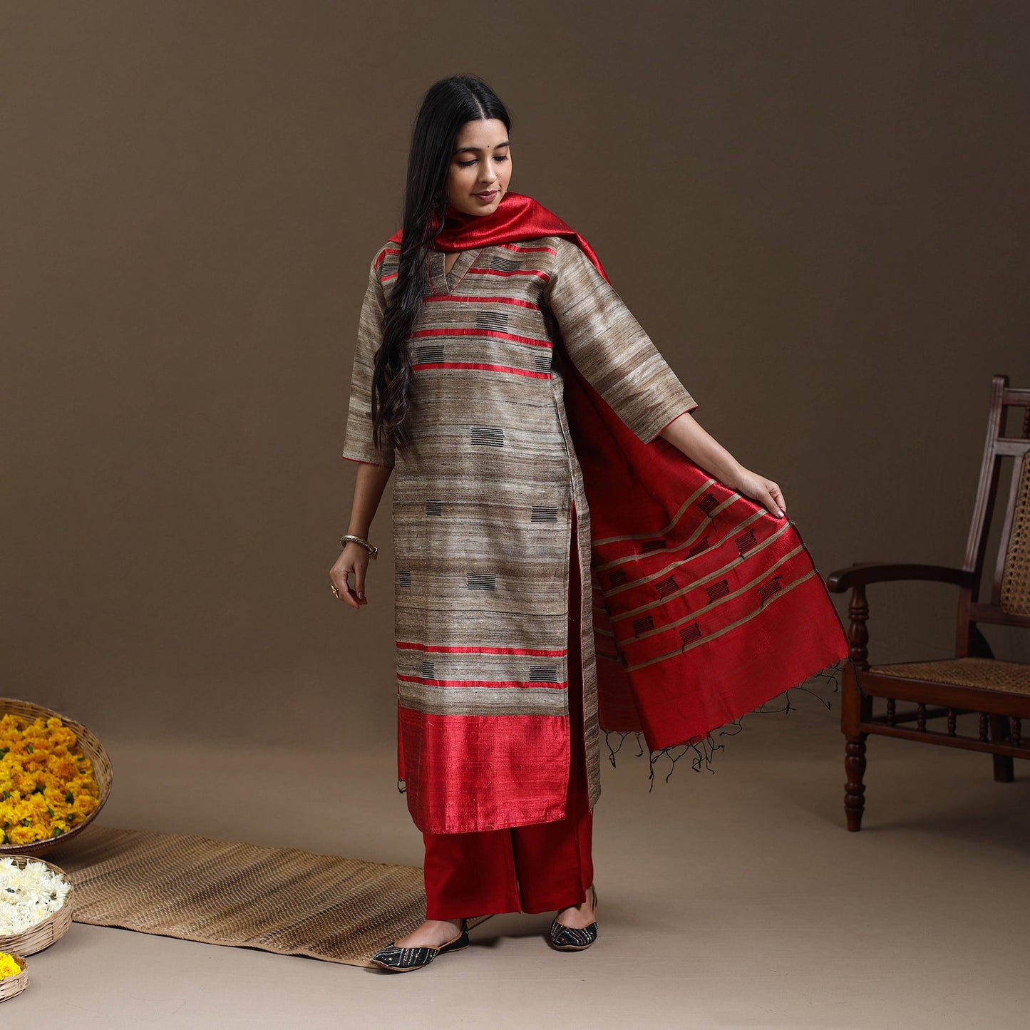 Beige Bhagalpuri Handloom Tussar Silk Suit Set