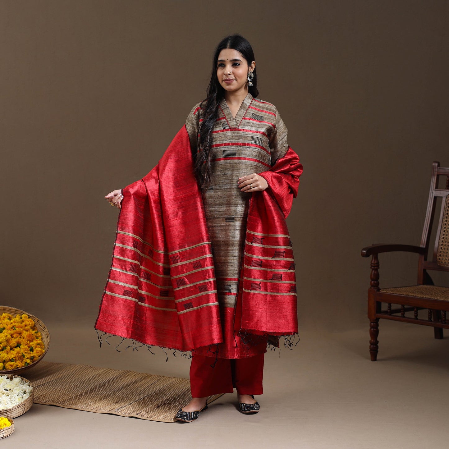 Beige Bhagalpuri Handloom Tussar Silk Suit Set