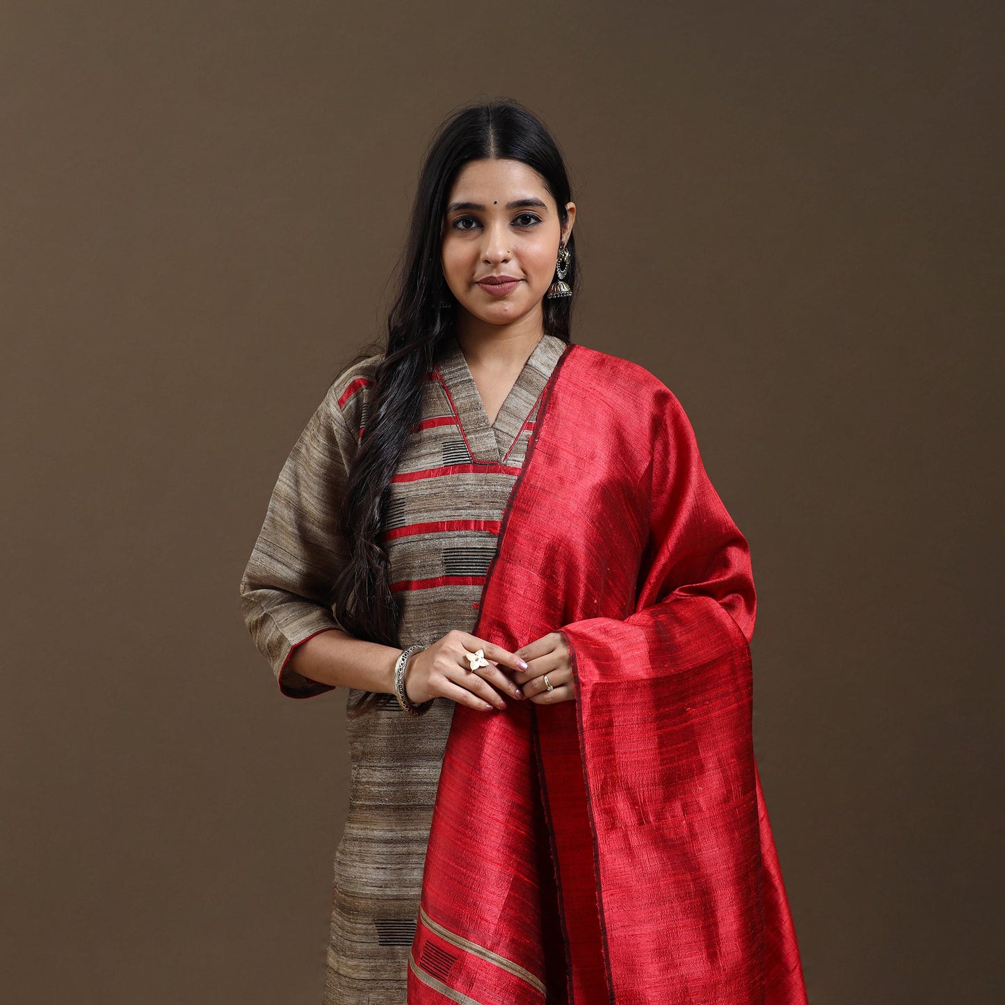 Beige Bhagalpuri Handloom Tussar Silk Suit Set