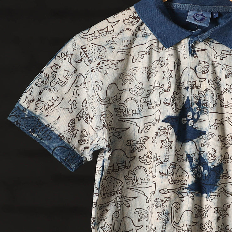 Beige Bindaas Natural Dyed Art Block Print Polo Collar T-shirt