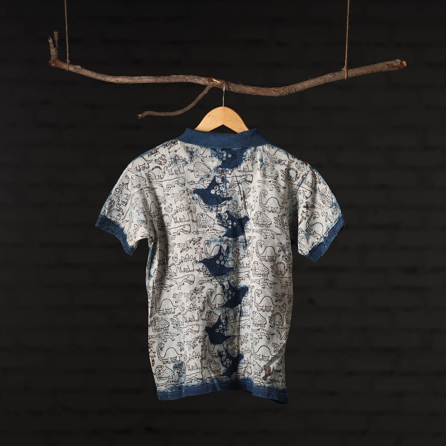 Beige Bindaas Natural Dyed Art Block Print Polo Collar T-shirt