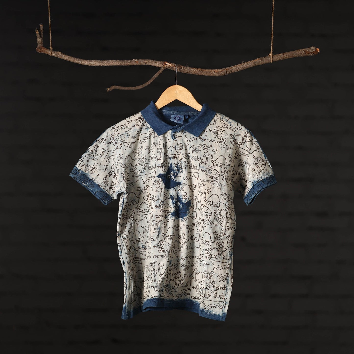 Beige Bindaas Natural Dyed Art Block Print Polo Collar T-shirt
