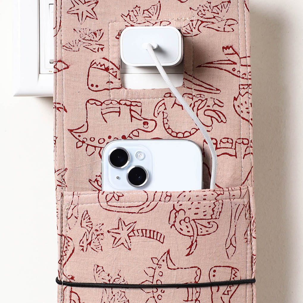 Beige Bindaas Block Printed Cotton Mobile Charging Holder