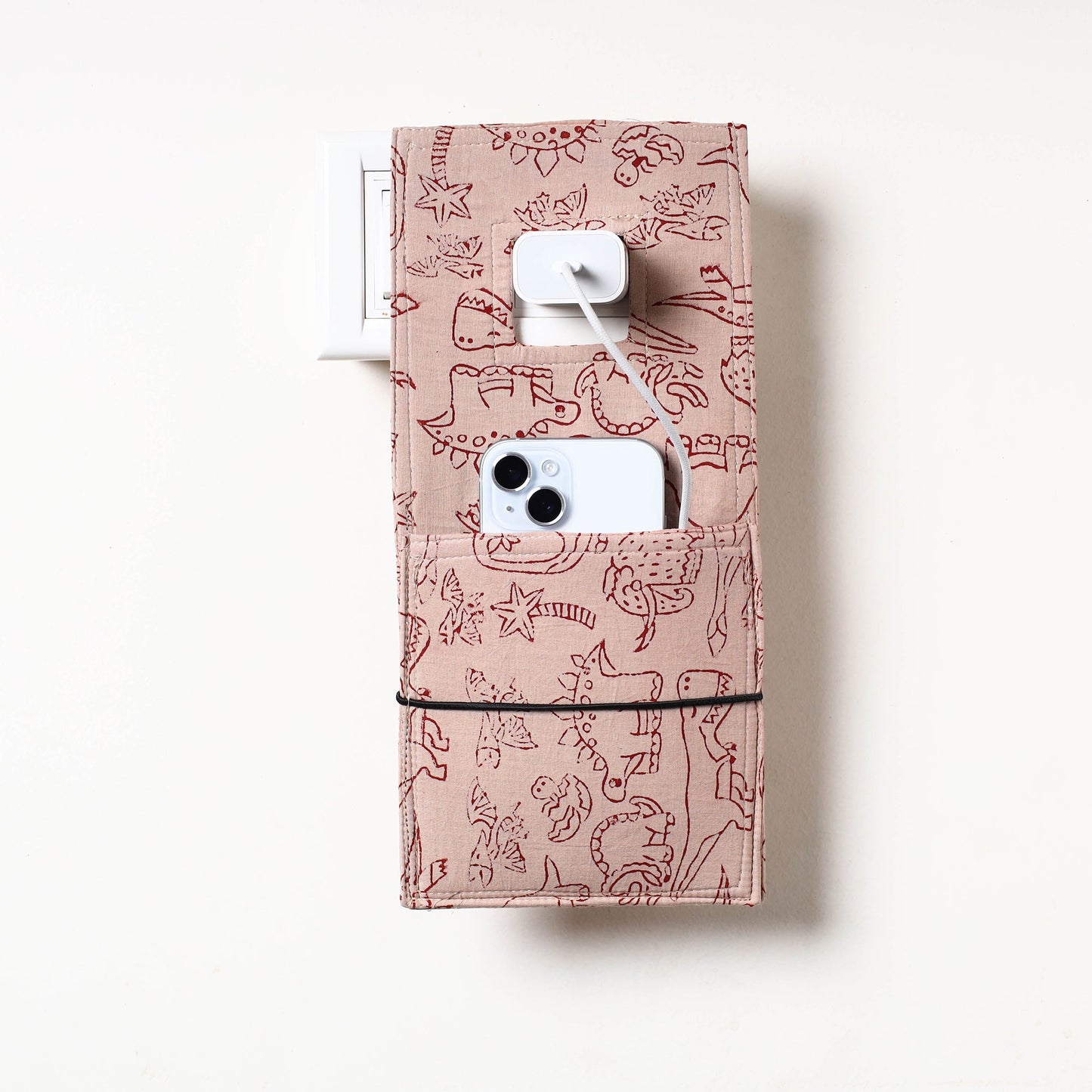 Beige Bindaas Block Printed Cotton Mobile Charging Holder