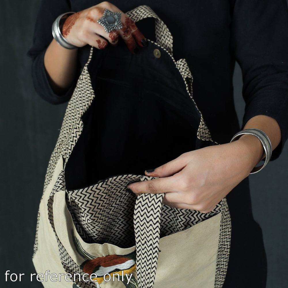 Beige Bird Hand Embroidered Cotton Hand Bag