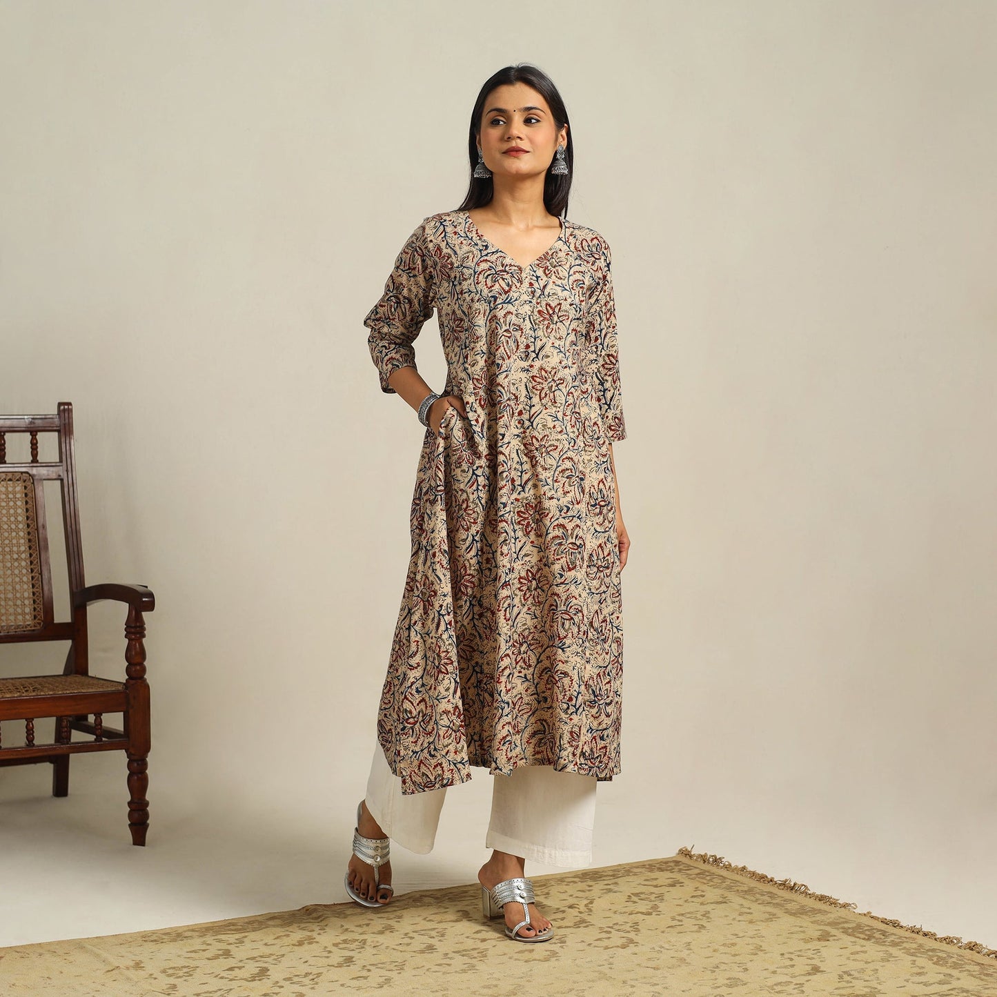 Beige Block Print Cotton A-Line Kalamkari Kurta For Women