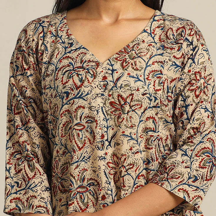 Beige Block Print Cotton A-Line Kalamkari Kurta For Women