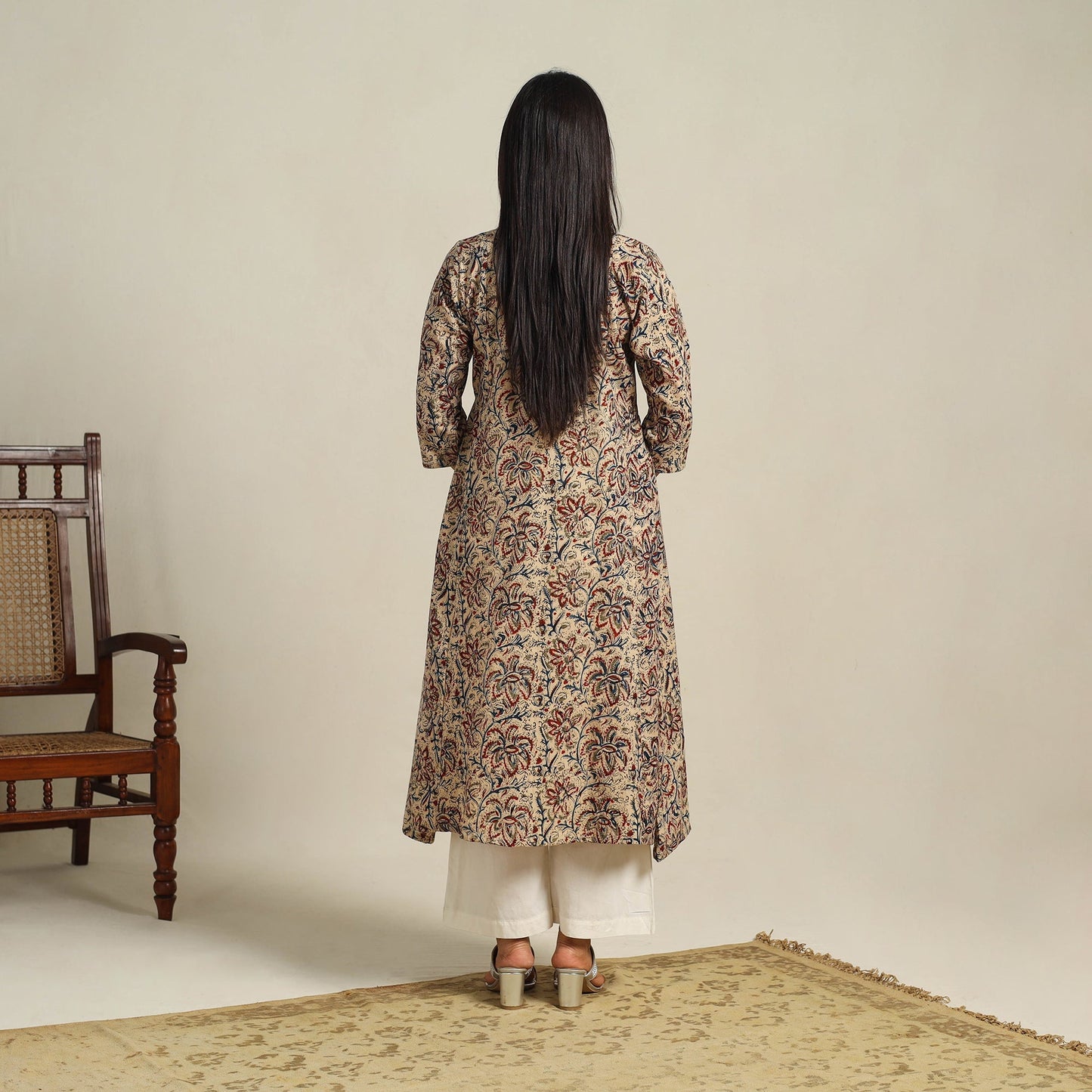 Beige Block Print Cotton A-Line Kalamkari Kurta For Women