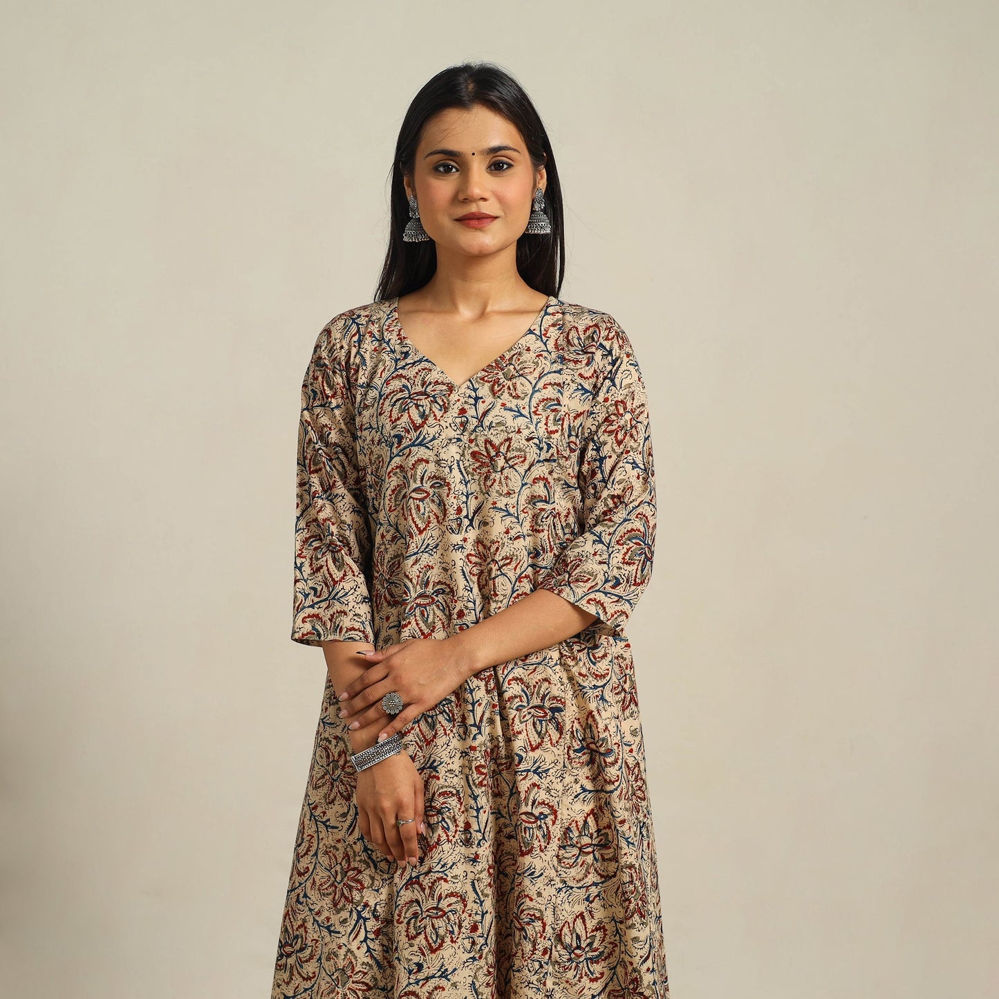 Beige Block Print Cotton A-Line Kalamkari Kurta For Women
