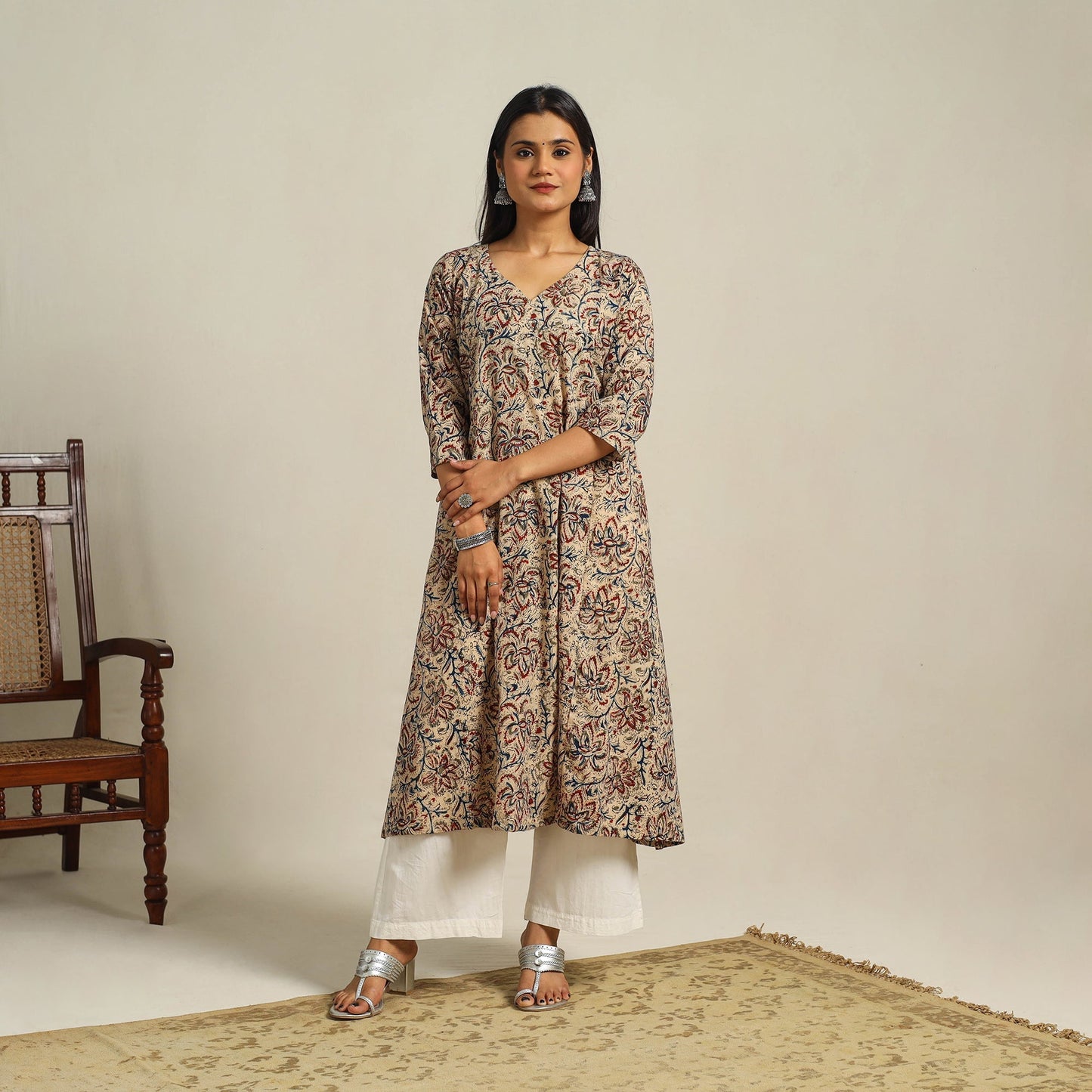 Beige Block Print Cotton A-Line Kalamkari Kurta For Women