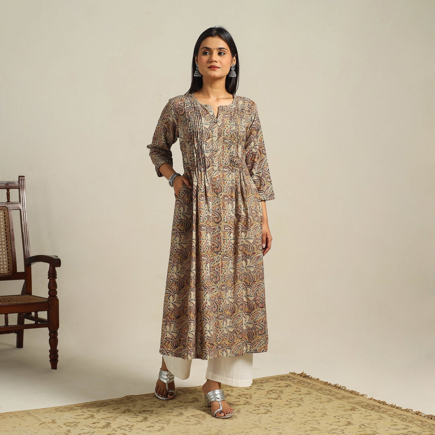 Beige Block Print Cotton A-Line Kalamkari Kurta For Women