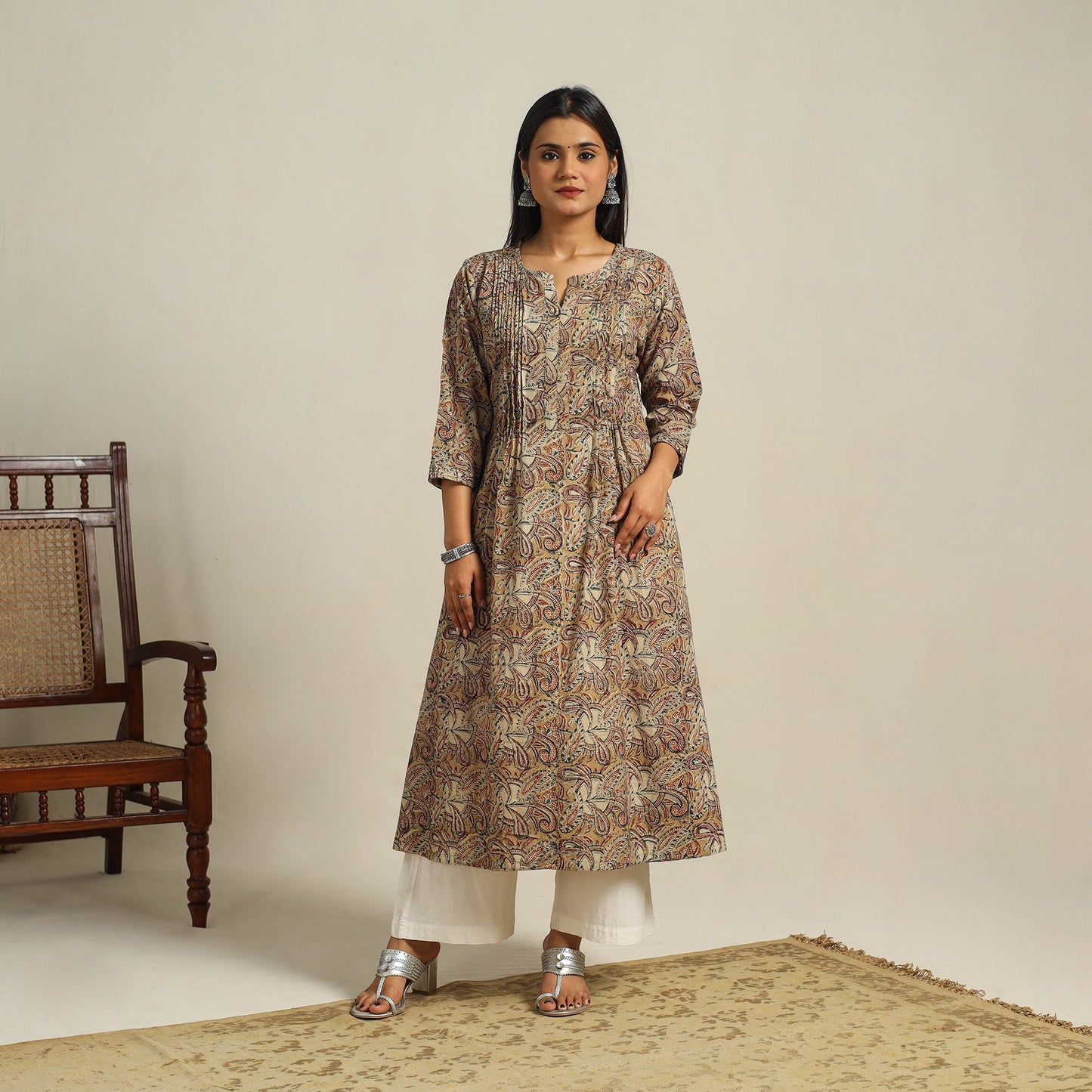 Beige Block Print Cotton A-Line Kalamkari Kurta For Women