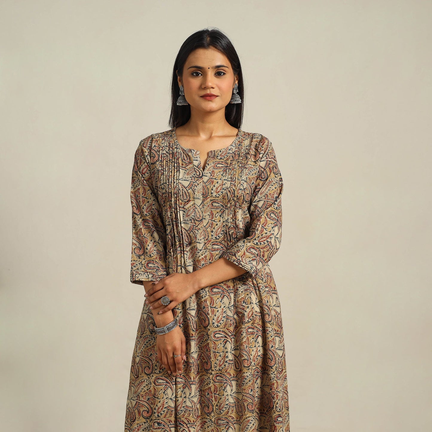 Beige Block Print Cotton A-Line Kalamkari Kurta For Women