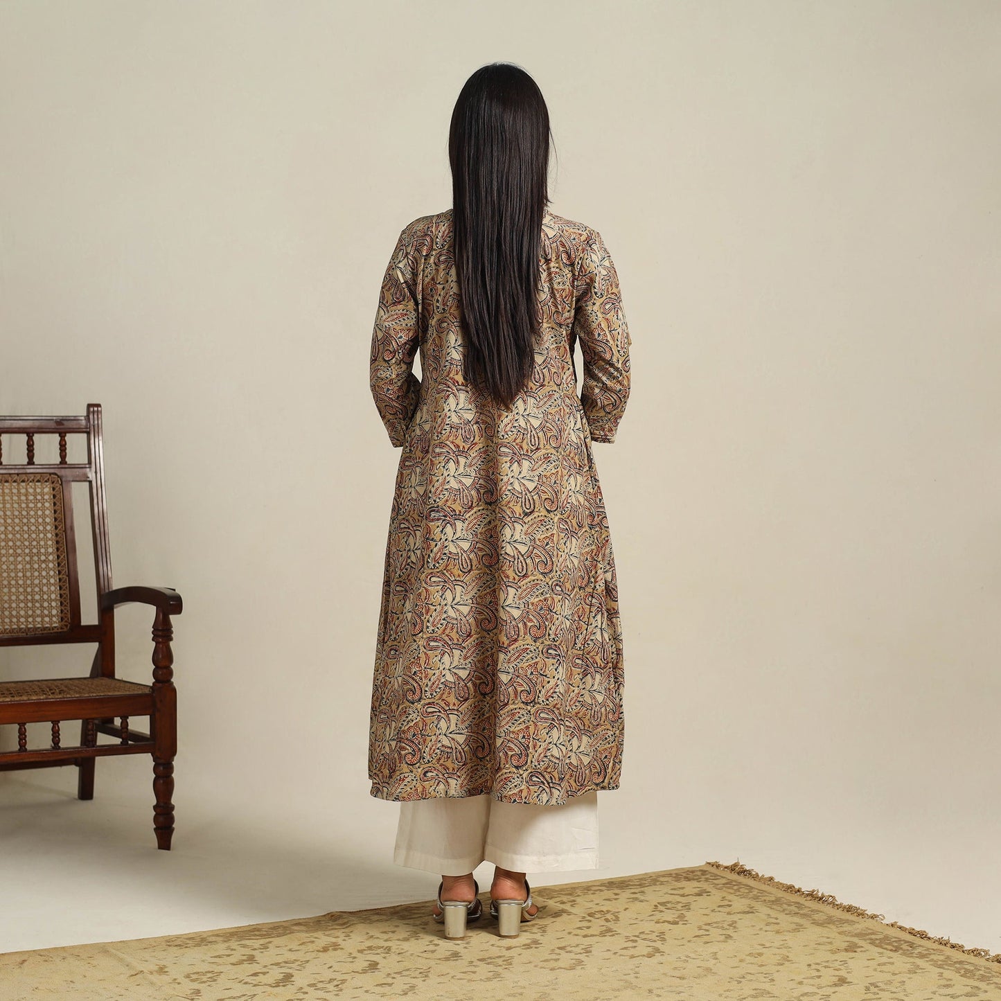 Beige Block Print Cotton A-Line Kalamkari Kurta For Women