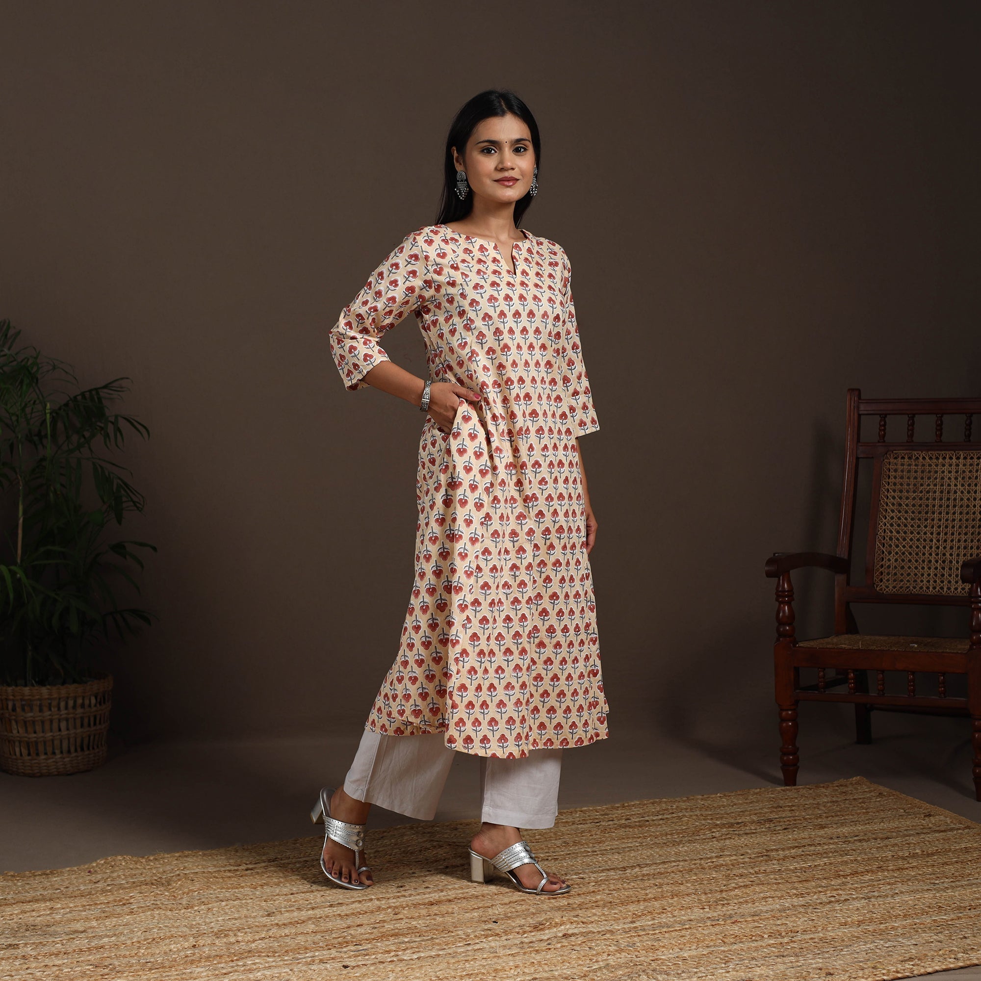 Beige - Block Print Cotton A-Line Sanganeri Long Kurta 01