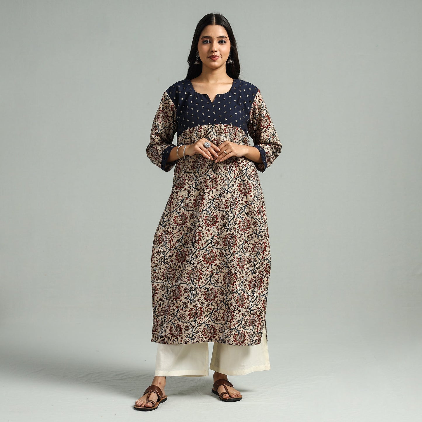 Beige Block Print Cotton Straight Kalamkari Kurta for Women