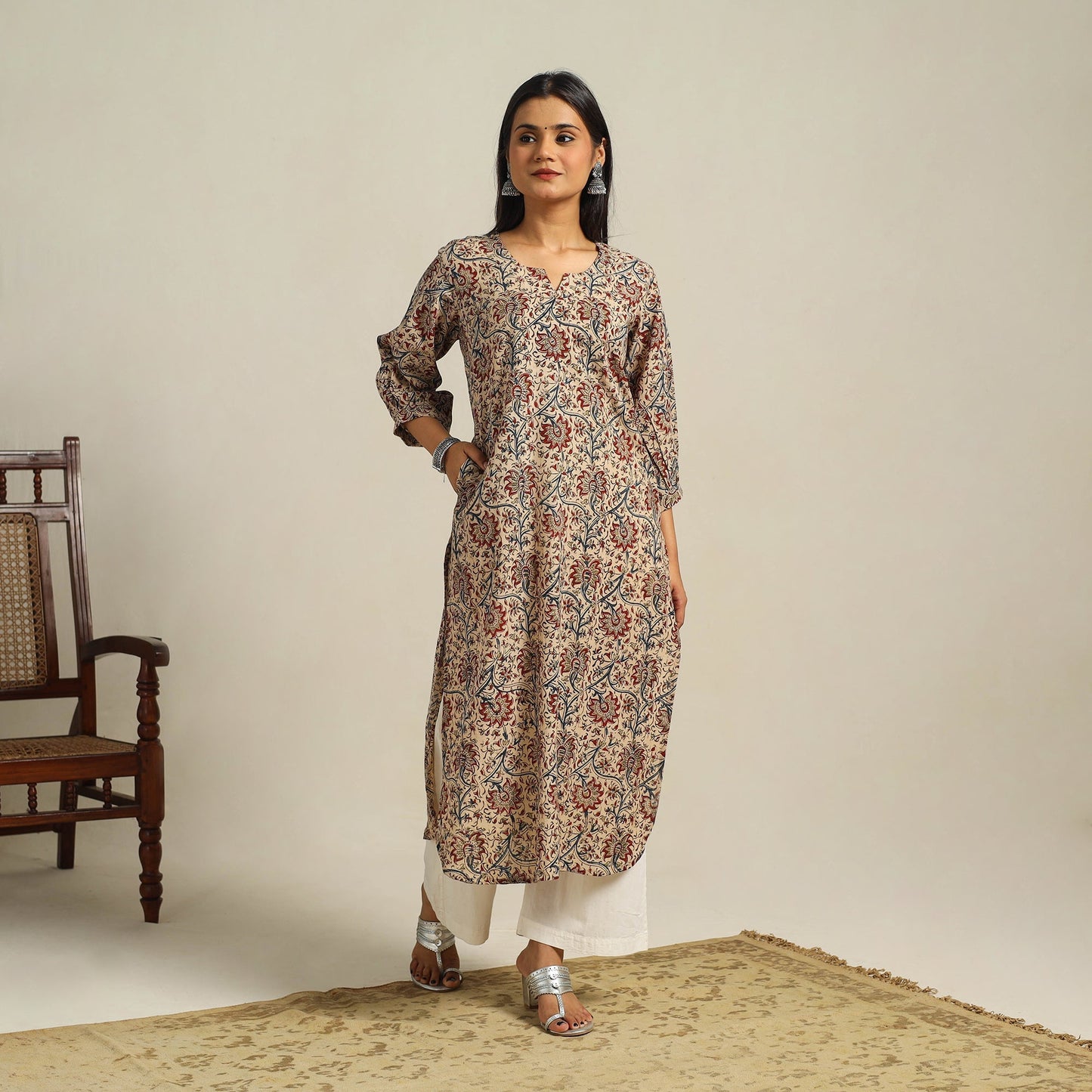 Beige Block Print Cotton Straight Kalamkari Kurta For Women