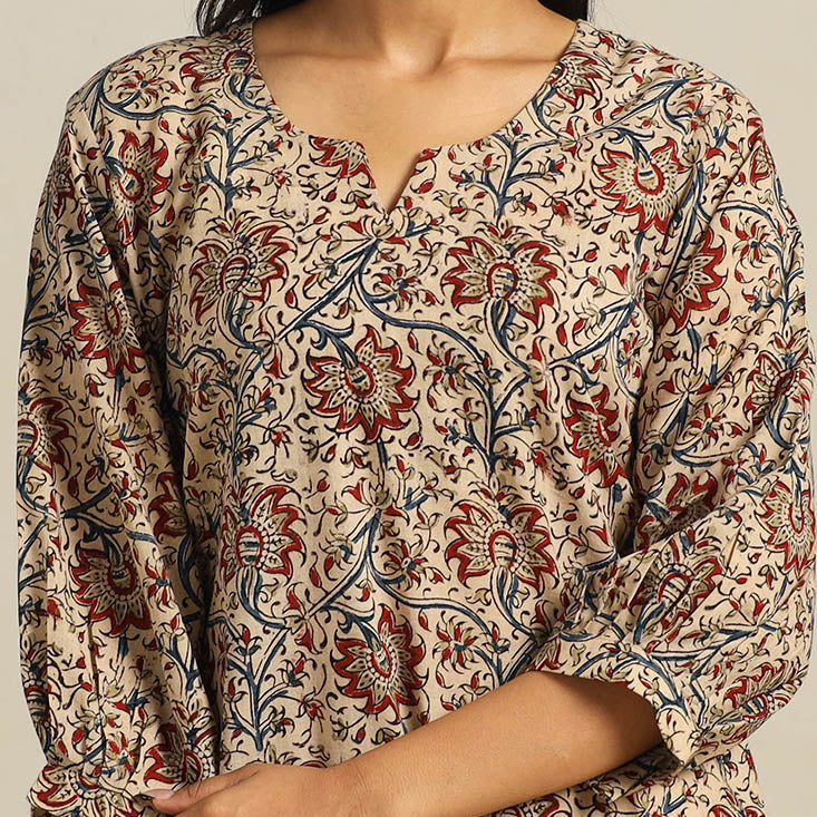 Beige Block Print Cotton Straight Kalamkari Kurta For Women