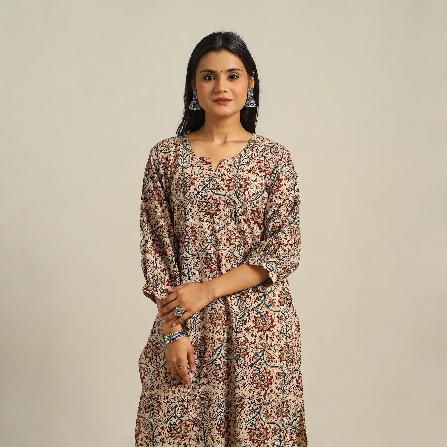 Beige Block Print Cotton Straight Kalamkari Kurta For Women