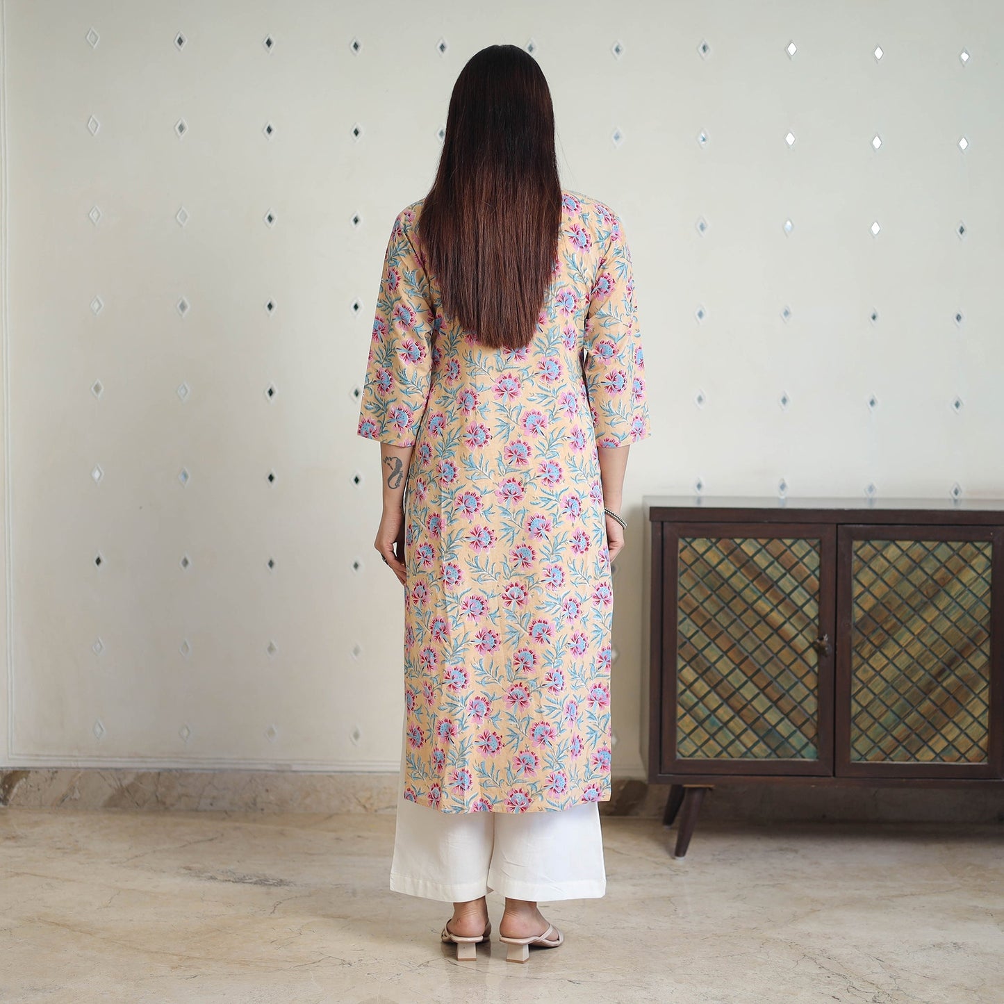 Beige - cotton straight pintuck sanganeri kurta 11