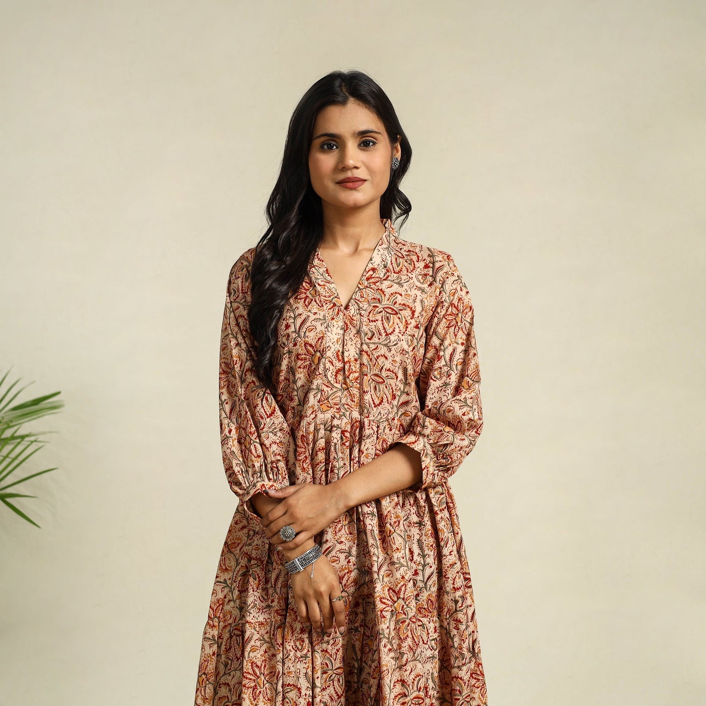 Beige Block Print Cotton Tiered Kalamkari Dress