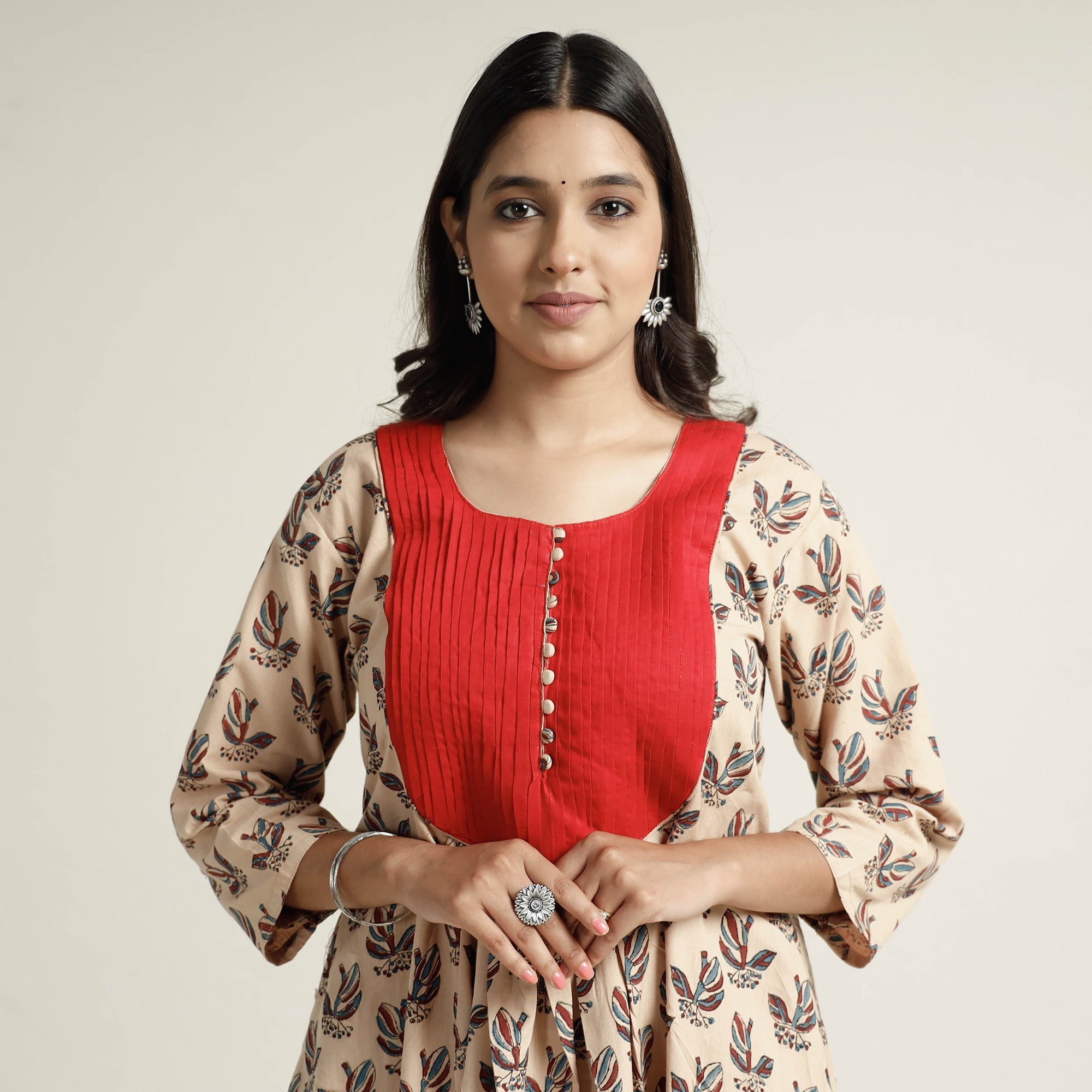 Beige - Block Print Handwoven Cotton A-Line Mangalagiri Kurta 01