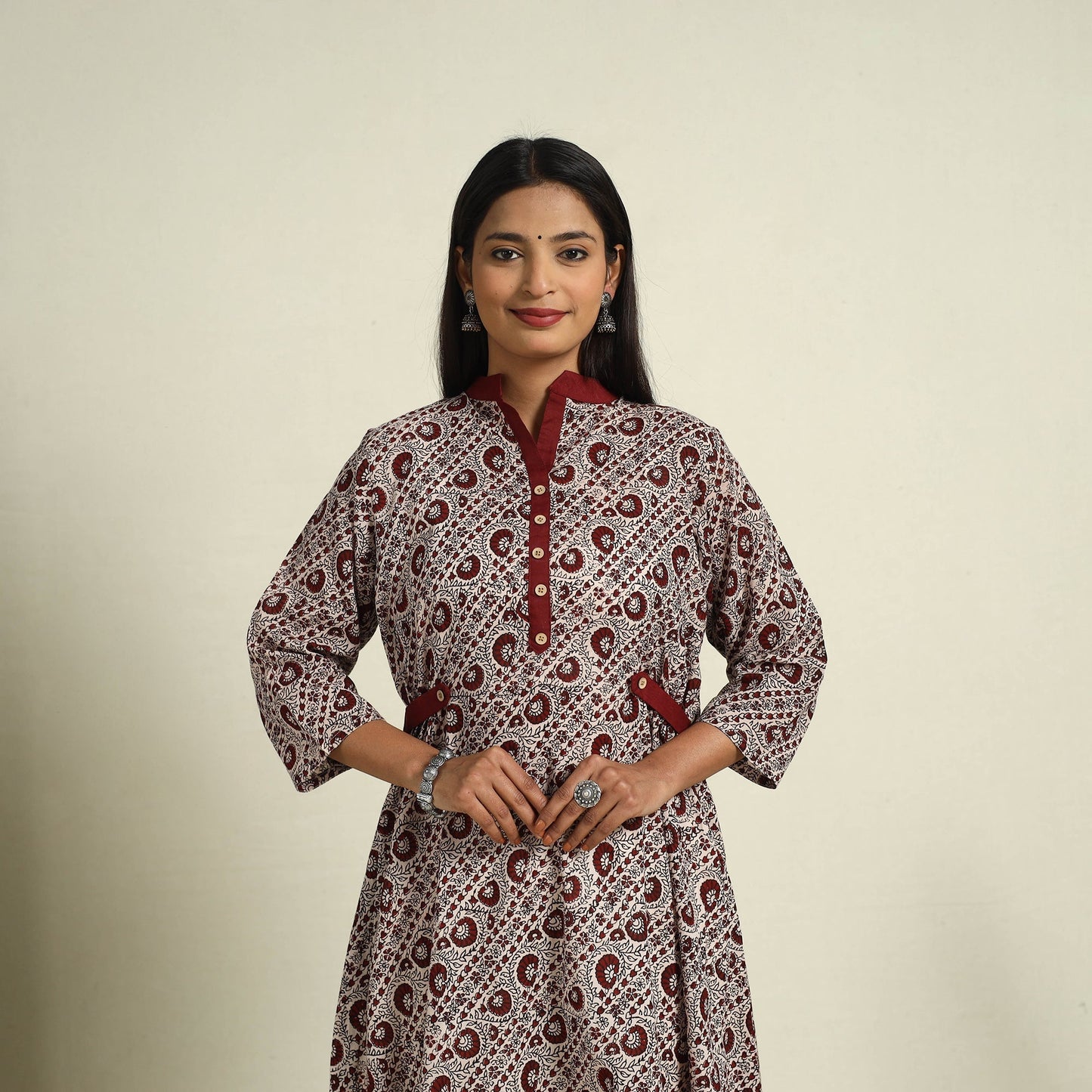 Beige Block Print Mul Cotton A-Line Bagh Kurta for Women