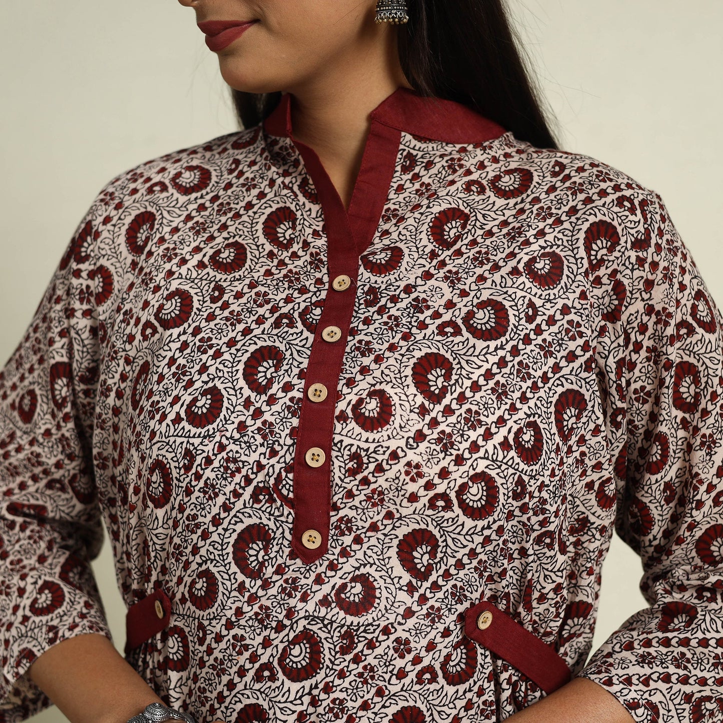 Beige Block Print Mul Cotton A-Line Bagh Kurta for Women