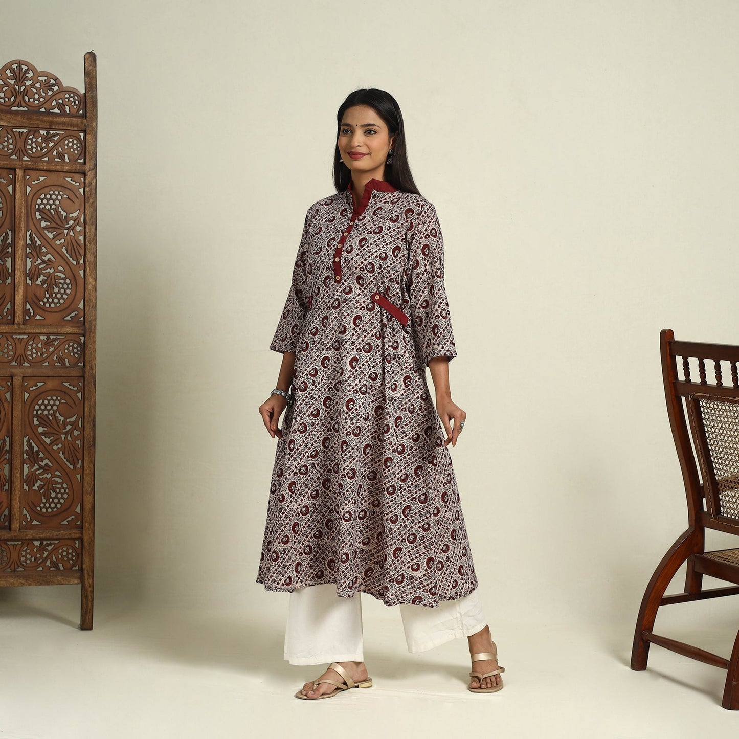 Beige Block Print Mul Cotton A-Line Bagh Kurta for Women