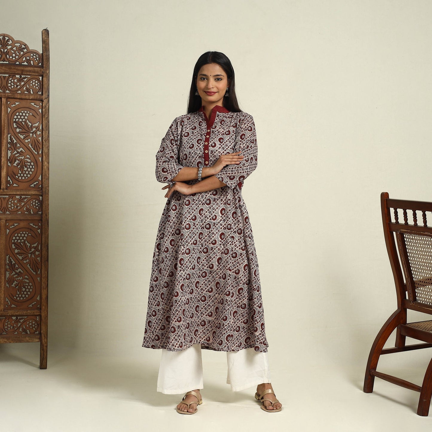 Beige Block Print Mul Cotton A-Line Bagh Kurta for Women