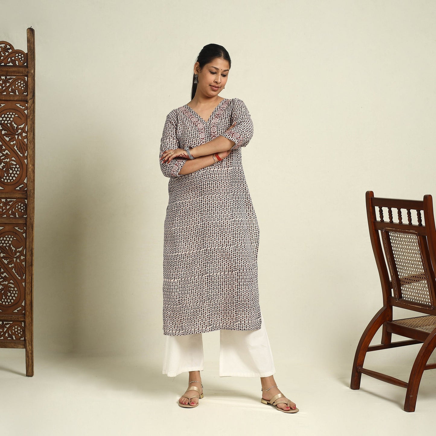 Beige Block Print Mul Cotton Straight Bagh Kurta for Women