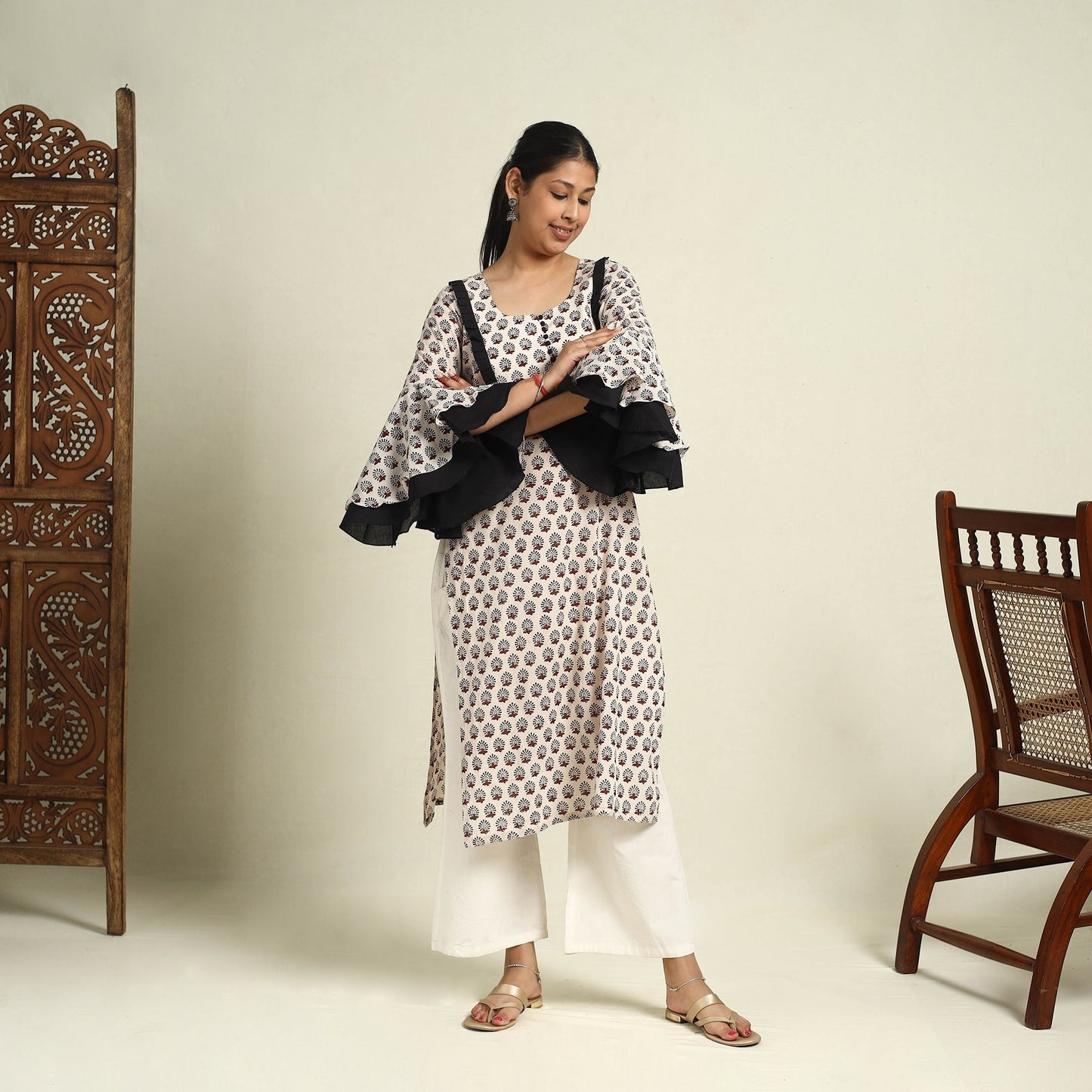 Beige Block Print Mul Cotton Straight Bagh Kurta for Women
