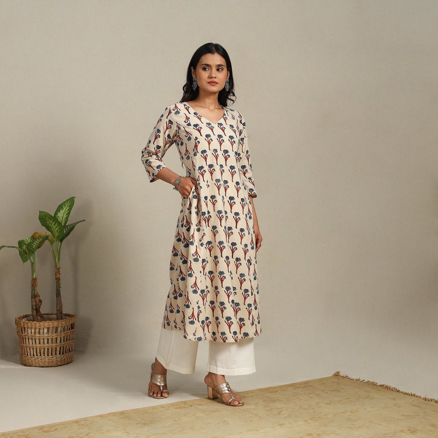Beige Block Print Natural Dyed Cotton A-Line Ajrakh Kurta