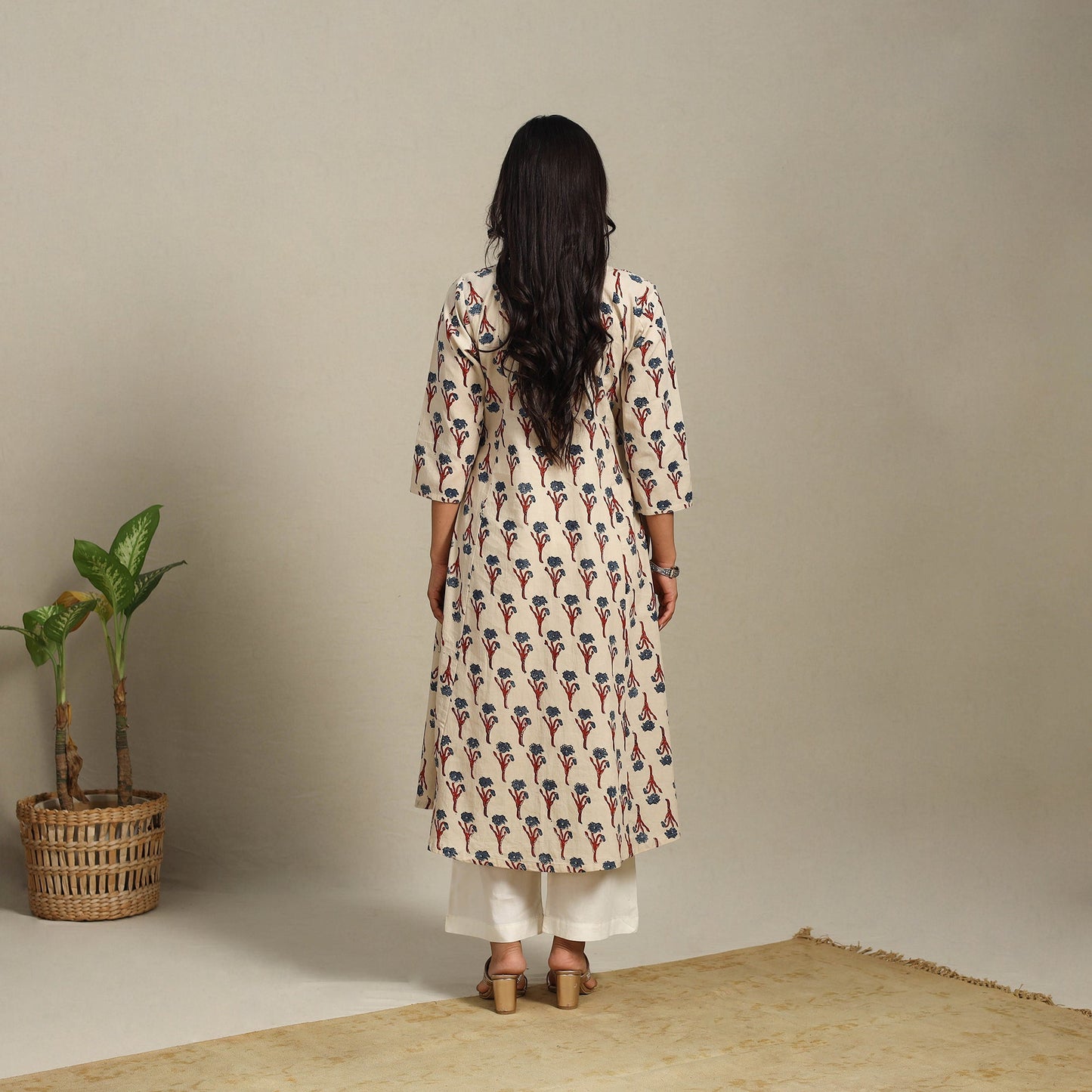 Beige Block Print Natural Dyed Cotton A-Line Ajrakh Kurta