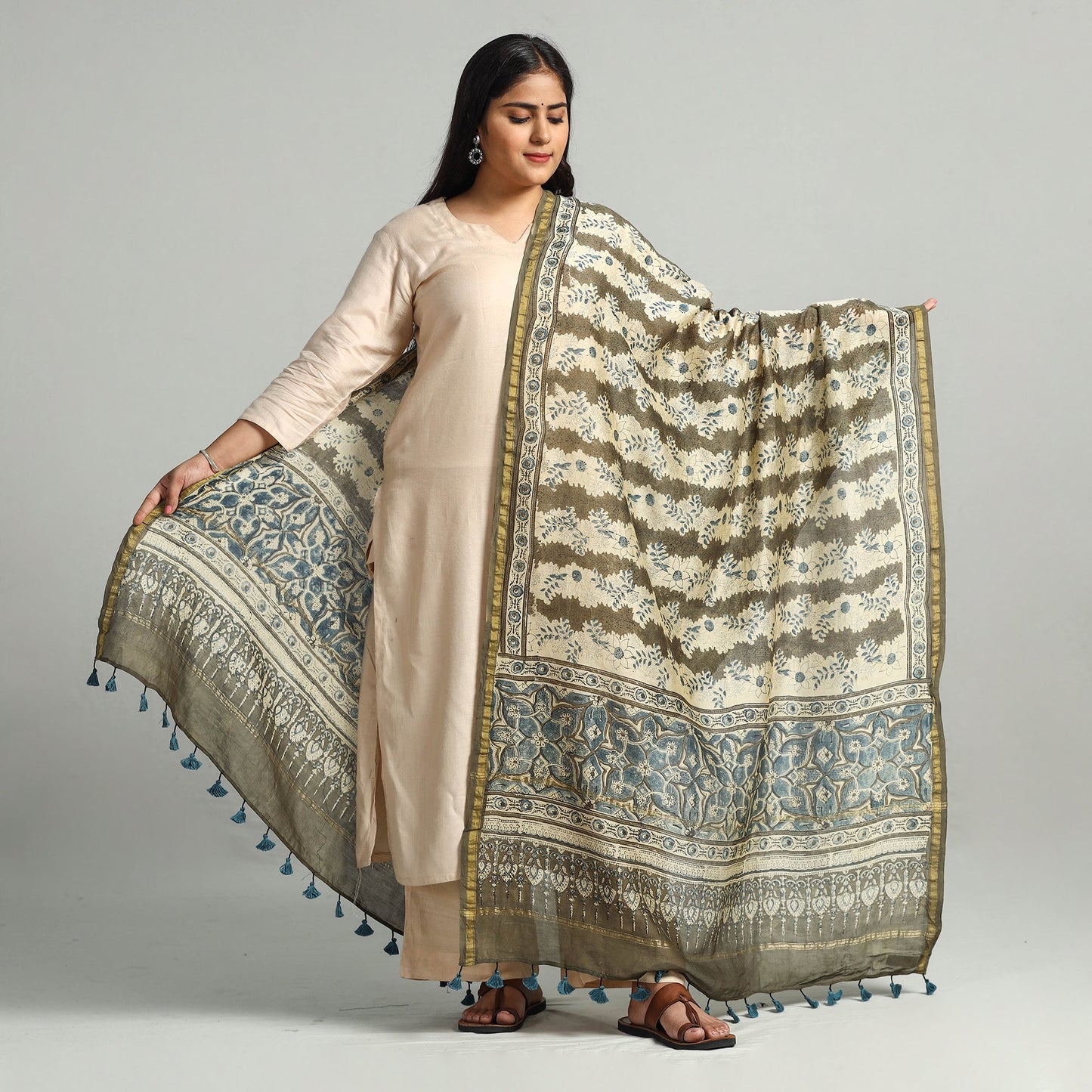 Block Printed Chanderi Silk Handloom Ajrakh Dupatta
